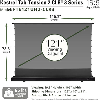 Elite Screens Kestrel Tab-Tension 2 CLR3, 121" 16:9, Ultra-Short Throw Ceiling Ambient Light Rejecting (CLR/ALR) Electric Floor-Rising Motorized Front Projector Screen, Black Casing, FTE121UH3-CLR3