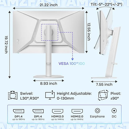 Amzfast 24 Inch Gaming Monitor 180Hz QHD 2k 2560 ×1440p Monitor, 1ms G-SYNC Compatible,Built-in Speakers,96% DCI-P3,HDR10, Height Adjustable, IPS Monitor with HDMI 2.0 x 2 & DP 1.4 x 2, AMZG24F6Q