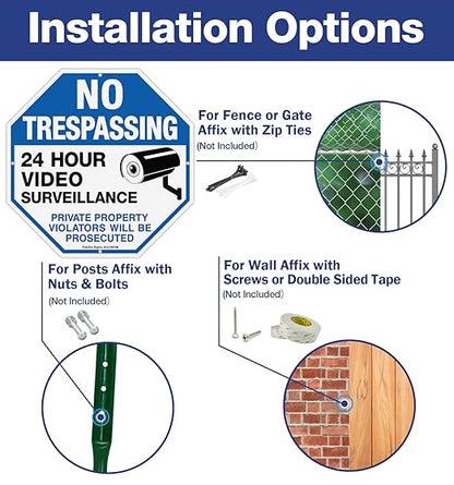 4-Pack No Trespassing Sign Private Property Protected By Video Surveillance Violators Will Be Prosecuted Sign, 12 x 12 Inch Reflective Aluminum, UV Protected, Weather/Fade Resistant, Easy to Install