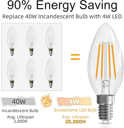 GvvooHome LED Candelabra Light Bulbs 40 watt Equivalent, Dimmable E12 LED Bulb, 2700K Soft White B10 Candle Bulb, Chandelier Light Bulbs, 90+CRI, 400LM, Clear Glass, 6 Pack