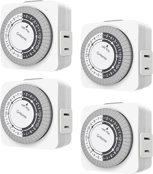 G-Homa Timers for Electrical Outlets 4 Packs,24 Hour Indoor Plug-in Mechanical Timer,30 Minute Intervals, Daily On/Off Cycle,1 Polarized Outlet, for Grow Light,Christmas Lights, Lamps ETL Listed