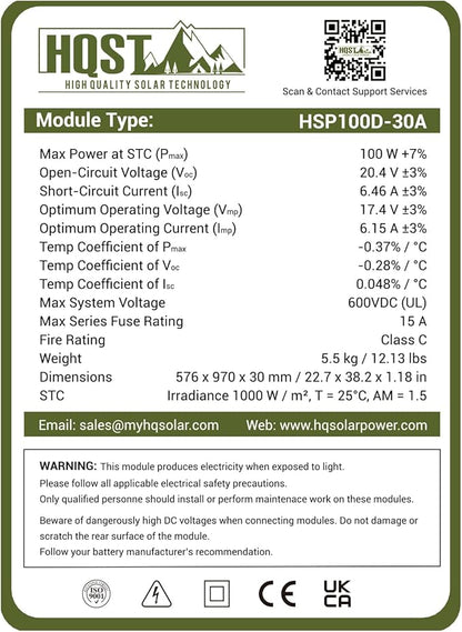HQST 100W 12V Monocrystalline Solar Panel with Solar Connectors, High Efficiency Module PV Power for Battery Charging Boat, Caravan, RV and Any Other Off Grid Applications