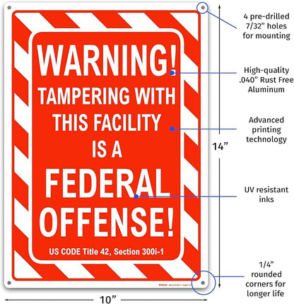 Brimar - 10" x 14" - Warning Tampering Facility Is A Federal Offense Sign - .040″ Rust-Free Aluminum - High Visibility - Easy Installation