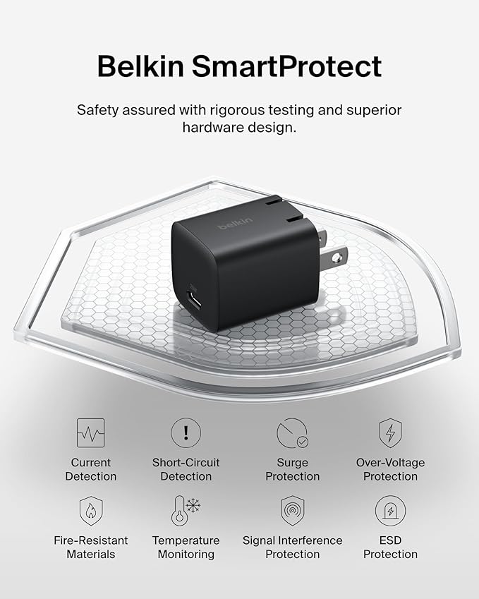 Belkin USB C Charger Block 25W – PD3.0 PPS Super Fast Charging - Samsung Galaxy S25, S24, S23, S22, Apple iPhone 16, iPhone 15/14/13 Plus, Pro, Pro Max, Google Pixel 9, Nintendo Switch, etc - Black