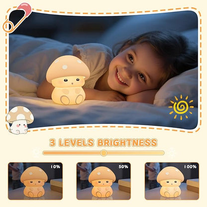 ICARER FAMILY Mushroom Night Light, White Silicone Night Lamp, Touch Control with 30/60 min Dimmble, 3 Brightness Levels, 7 Color Changing, LED Night Lights, USB-C Rechargeable, Gifts for Girls Boys