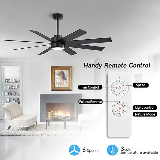 WINGBO 72" Large DC Ceiling Fans with Lights and Remote, 3 Downrods, 8 Plywood Blades, 6-Speeds Reversible DC Motor, 3CCT, Indoor Ceiling Fan for Bedroom Living Room Patio, Black