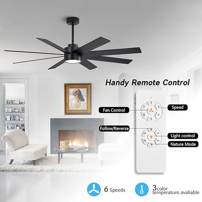 WINGBO 60" Large DC Ceiling Fans with Lights and Remote, 3 Downrods, 8 Plywood Blades, 6-Speeds Reversible DC Motor, 3CCT, Indoor Ceiling Fan for Bedroom Living Room Patio, Black