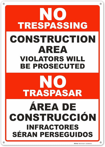 Brimar - 10" x 14" - Bilingual Construction Area Violators Will Be Prosecuted Sign - .055″ Polyethylene Plastic - Bold Text And Symbol - Easy Installation