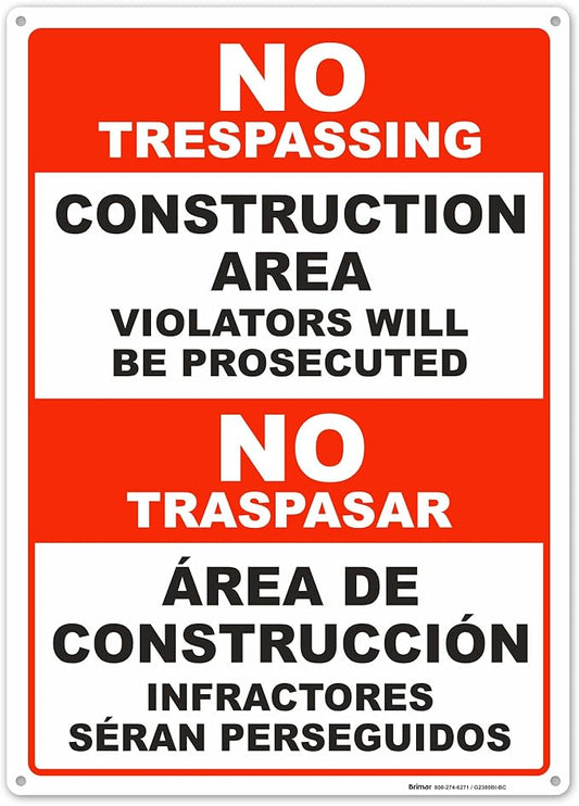 Brimar - 10" x 14" - Bilingual Construction Area Violators Will Be Prosecuted Sign - .055″ Polyethylene Plastic - Bold Text And Symbol - Easy Installation