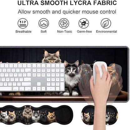 Ergonomic Keyboard Wrist Rest & Mouse Pad Wrist Rest Set,Large Gaming Desk Mat 31.5"x 11.8" with Non-Slip Base,Memory Foam,Easy Typing Pain Relief for Home & Office,A Group Fluffy Cats Stand in A Row