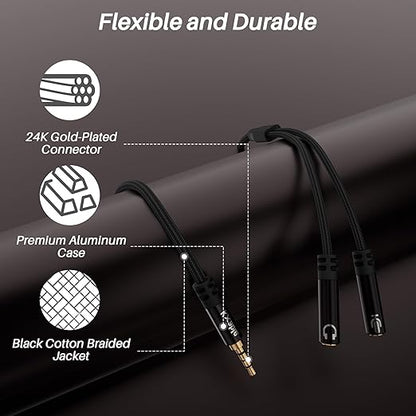 1/8inch Aux Headphone Splitter 2 Way Cable 3FT, 3.5mm 1 Male to 2 Female Mic and Audio Y TRRS Adapter, Compatible with Headset Earphone Switch 2/PS4/PS5 Steam Deck Xbox PC Laptop Phone Tablet Gaming