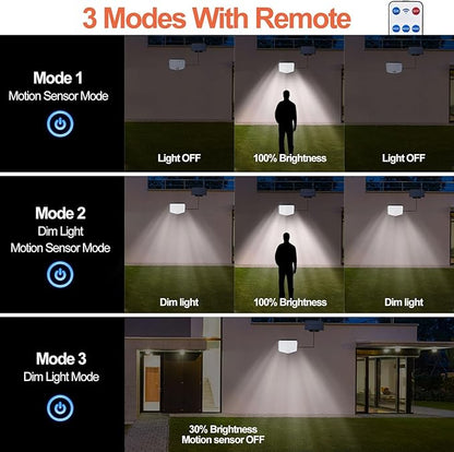 JumJam 153 LED Solar Wall Lights, 180° Beam Angle Security Lights Outdoor with Remote, Motion Sensor Lights with 3 Modes, Waterproof Flood Lights for Porch, Patio,Yard,Garage, 4 Pack