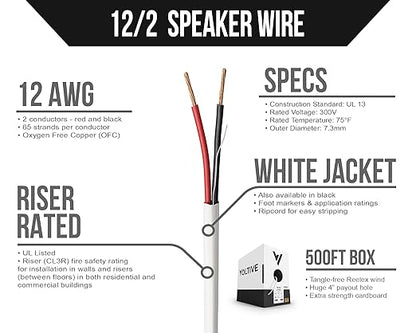Voltive 12/2 Speaker Wire, Riser CL3R, White, 500ft - 12AWG, 2 Conductors, Stranded Oxygen-Free Copper, UL Listed - V-1267-2