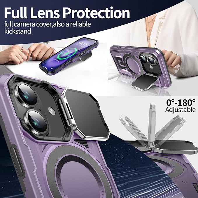 Camera Stand Case for iPhone 16, [Compatible with Mag Safe] [Lens Cover] 2024 Version Military Grade Protective Soft Case for iPhone 16 6.1 inch Men Women, Purple
