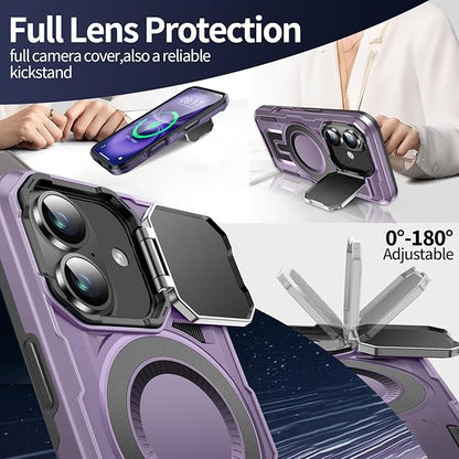 Camera Stand Case for iPhone 16, [Compatible with Mag Safe] [Lens Cover] 2024 Version Military Grade Protective Soft Case for iPhone 16 6.1 inch Men Women, Purple