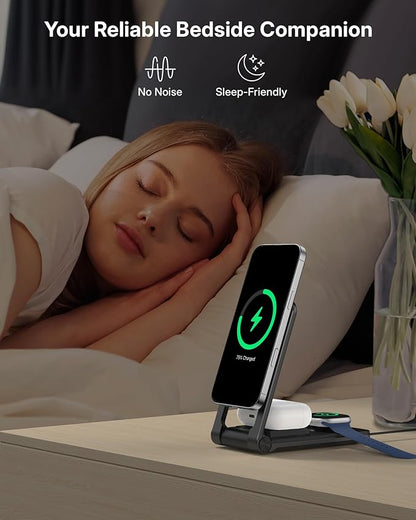 3 in 1 Charging Station for Apple Devices, Magnetic Wireless Charger Stand, 15W Foldable Travel Charging Dock for iPhone 16e 16 15 14 13 12 Pro Max Plus & Apple Watch & AirPods 4 3 2 Pro, Black