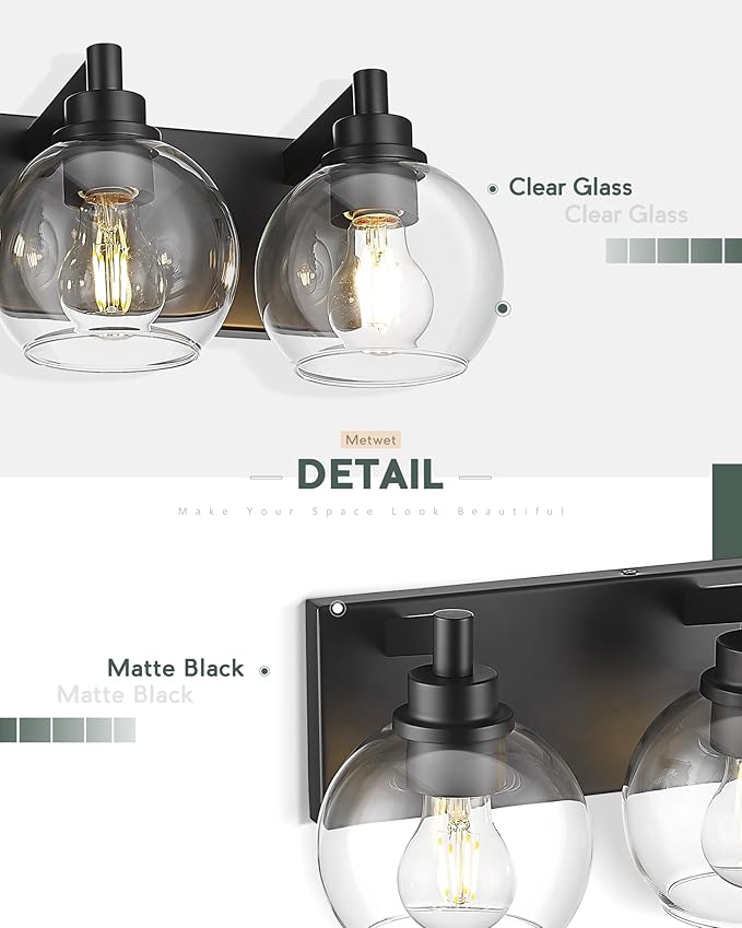 METWET Bathroom Light Fixtures, 2 Light Matte Black Vanity Light, Modern Wall Sconces with Clear Glass Globe Shade, Bathroom Wall Lights Over Mirror Kitchen Bedroom Hallway, VL195-MB-2