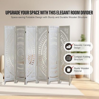 ALeesing 6 Panel Wood Room Divider Fully Assembled, Decorative Room Dividers and Folding Screens, 5.6Ft Room Divider Screen Freestanding Partition Wall Dividers for Home Bedroom Office, White