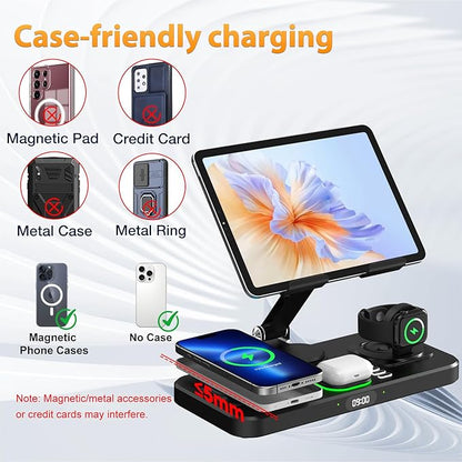 30W Charging Station for Apple Products, Foldable Wireless Charger with Clock Display&7 Color Light, Wired Charging for iPad/Tablet Charging Station for iPhone17, for Apple Watch11 for AirPods4(Black