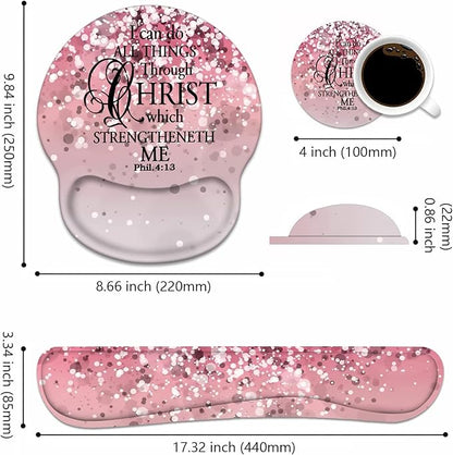 Keyboard Wrist Rest + Mouse Pad Wrist Support Set with Coasters, Non-Slip PU Base Ergonomic Mousepad for Home Office Working Studying Easy Typing & Pain Relief, Pink Background Bible Verse Phil 4-13