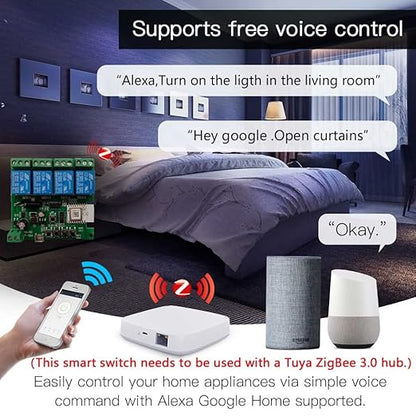 Newgoal Zigbee Tuya Smart 4 Channel Smart Relay Module with 433RF Remote Control USB 5V 7-32V Jog/Lock Switch Compatible with Alexa Google Home (Requires ZigBee Hub)