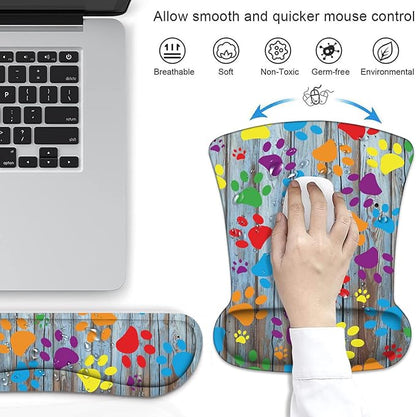 Ergonomic Mouse Pad Wrist Support and Keyboard Wrist Rest Set with Coasters, Non-Slip PU Base, Easy Typing & Relieve Wrist Pain for Home Office Working Studying, Rustic Wooden Board Colorful Paw Print