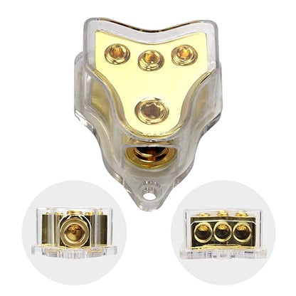 RKURCK 3 Way Copper Power Distribution Block, 0/2/4 AWG Gauge in, 4/8/10 Gauge Out, Car Audio Stereo Amp Distribution Connecting Block for Audio Splitter (1x0GA+3x4GA Copper)