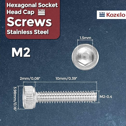 Kozelo 100pcs Socket Head Cap Screws - [M2-0.4 x 10mm] 304 Stainless Steel Allen Socket Drive for Electrical Motor 3D Printing Fan Engine Replacement Use, Silver
