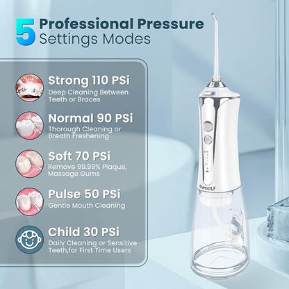 SweetLF Water Dental Flosser Pick for Teeth, 5 Modes Cordless Portable Oral Irrigator, 300ML Tank Water Teeth Cleaner with 5 Jet Tips, IPX7 Waterproof Rechargeable Flossing Picks for Home Travel