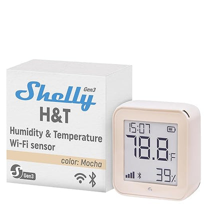 Shelly H&T Gen3 Mocha | Wi-Fi and Bluetooth Smart Temperature & Humidity Sensor with Remote App Control & Monitoring | Smart Scenes | Notification Alerts | LCD Display | Free Data Storage Export