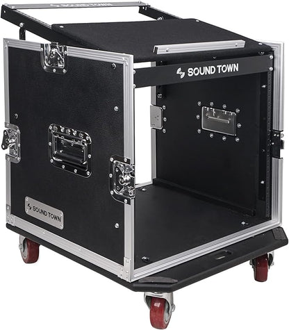 Sound Town Enhanced 1/2" (12mm) Plywood 10U PA DJ Pro Audio Rack/Road ATA Case with 11U Slant Mixer Top, 20’’ Rackable Depth and Casters, 10 Space Size, Pro Tour Grade (STMR-10UW)