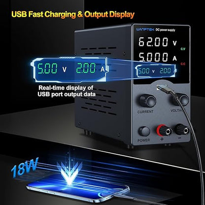 Wanptek DC Power Supply Variable 62V 5A, Bench Power Supplies with Encoder Adjustments Knob, USB Fast Charge Port with Output Current Display, 4-Digit LED Display