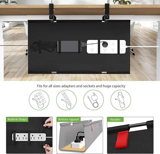 KEEGH No Drill Under Desk Cable Management Tray - 28" Cord Management Under Desk - Clamp/Screw Mount - Support Upto 70lbs - Fabric Wire Management - Gaming/PC Cable Tray Cord Hiders for Office/Home
