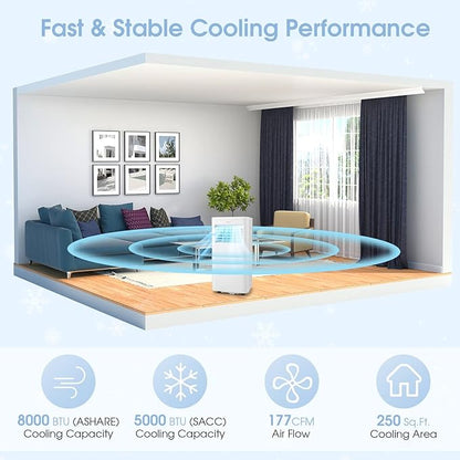 COSTWAY Portable Air Conditioner, 8000 BTU AC Unit with Built-in Dehumidifier, Fan Mode, Sleep Mode, 24H Timer, Remote Control, Window Installation Kit & Remote Control, Cools up to 250 Sq. Ft