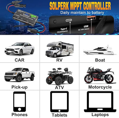 SOLPERK MPPT 10A 12V Solar Charge Controller with LCD Display, Solar Panel Charge Controller with Type-C and USB Output for Solar Panel Regulator Gel AGM Lead-Acid Lithium LiFePO4 Battery