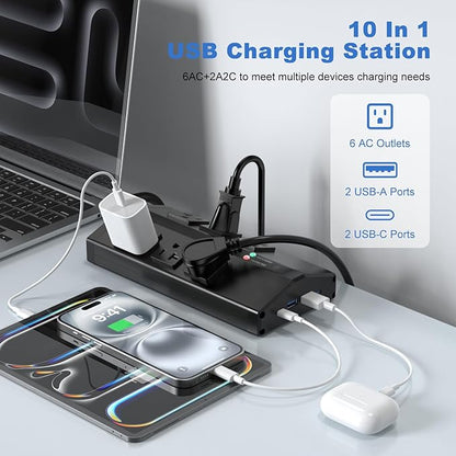 JUNNUJ Heavy Duty Surge Protector Power Strip with 6 Plug 4 USB Ports, 20 Amp 12 Gauge 6 FT Extension Cord with Multiple Outlets. Metal Wall Mount Outlet Extender for Garage Industrial Shop