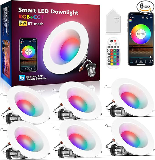 VANANCE Smart Can Light 6 Inch, WiFi & Bluetooth LED Downlight 6Pack, Multicolorred, Dimmeble, 2700K-6500K CCT Selectable, RGBCW Remote LED Recessed Lighting Compatible with Alexa Google Home