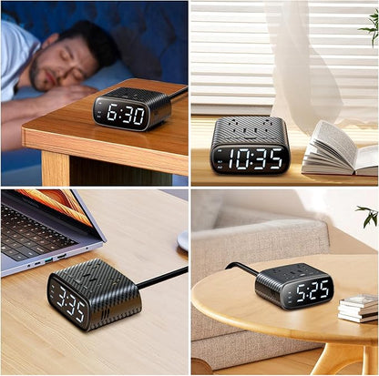 Sussex Alarm Clock with 2 USB-C, 2 USB-A Chargers Power Strip 2 Outlets - Screen LED Dimmable Digital Clock with Snooze Function - Dual Alarm for Bedside Nightstand
