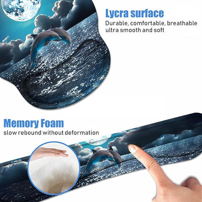 Keyboard Wrist Rest + Mouse Pad Wrist Support Set with Coasters, Non-Slip PU Base Ergonomic Mousepad for Home Office Working Studying Easy Typing & Pain Relief, Dolphin