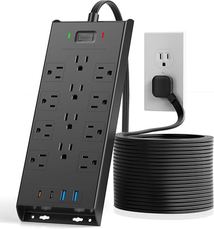 Surge Protector Power Strip 4800J, LeZone 25Ft Long Extension Cord Flat Plug, 12 Outlets 2 USB C 2 USB Ports, Wall Mountable, Desk Charging Station, Black