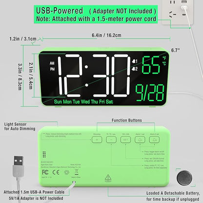 KOSUMOSU Digital Clock for Bedroom, 6.7in Desk Clock, Auto Dimming, Room Temperature, Day of The Week, Date, Seconds, Clocks for Living Room, Alarm Clocks for Bedrooms