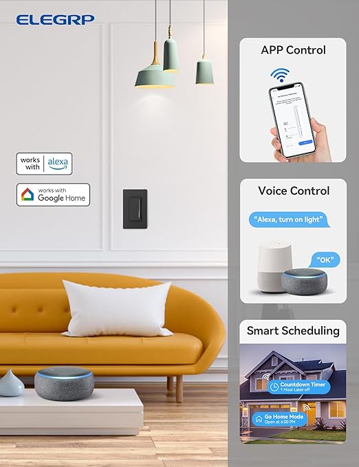 ELEGRP Smart Dimmer Light Switch DTR30, Single Pole or 3 Way, 2.4GHz Wi-Fi Touch Dimmer Compatible with Alexa/Google Assistant, Needs Neutral Wire, No Hub Required, UL and FCC Listed, Black, 10 Pack