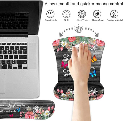 Keyboard Wrist Rest and Mouse Pad Wrist Support Set with Coasters, Non-Slip PU Base Ergonomic Gaming Mousepad for Home Office Working Studying Easy Typing & Pain Relief, Floral Quote Live Laugh Love