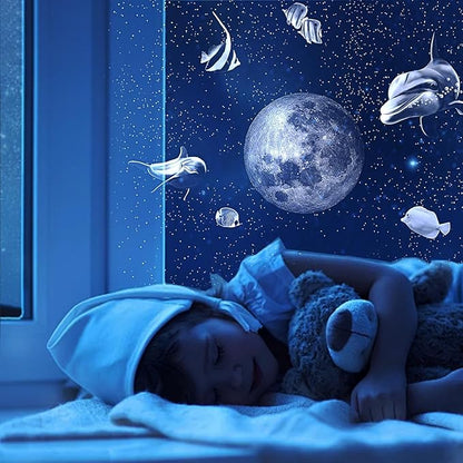 USB Power Moon Projector Night Light with Dolphins and Whales Flying Around,Angle Bendable and Image Clearness Adjustable Moon Atmosphere Projector, Christmas Birthday Gift