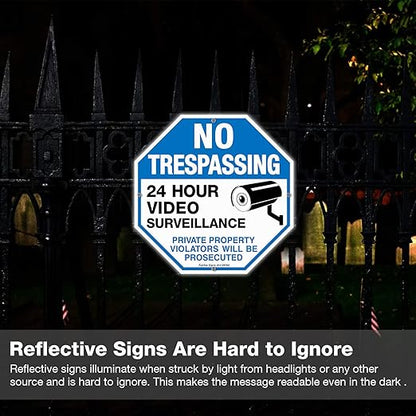 4-Pack No Trespassing Sign Private Property Protected By Video Surveillance Violators Will Be Prosecuted Sign, 12 x 12 Inch Reflective Aluminum, UV Protected, Weather/Fade Resistant, Easy to Install