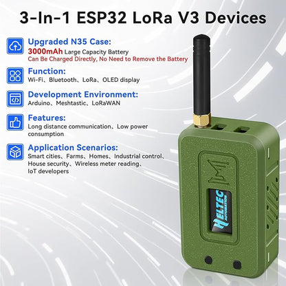 Meshnology 1 Set ESP32 Lo Ra V3 Module Board with 915 MHz Antenna + 3000mAh Battery + Case - WiFi Blue Tooth SX1262 CP2102 0.96” OLED Display Type C for Ar duino Mesh Tastic IOT (N35, Green)