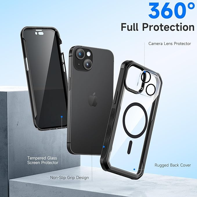 seacosmo for iPhone 15 Plus Case, Full Body Bumper with Built-in 9H Tempered Glass Privacy Screen Protector and Camera Lens Protector, Compatible with MagSafe, Shockproof Phone Cover, 6.7", Black