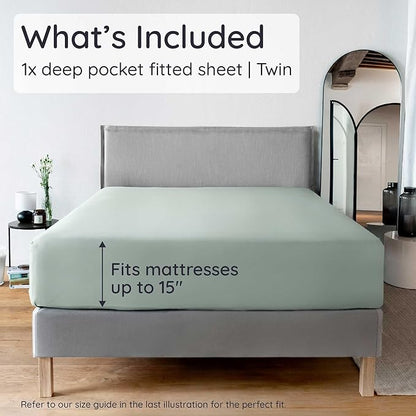 Bambaw 100% Viscose Derived from Bamboo Fitted Sheet Twin Size, 15’’ Deep Pocket Twin Fitted Sheet Only with Corner Straps, Cooling & Soft (Sea Glass)