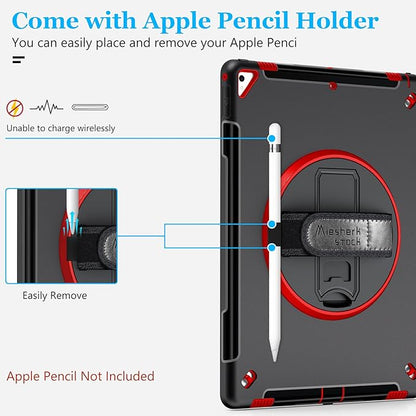 iPad Pro 12.9 Case 2nd Generation 2017 & 2015 1st Generation, Heavy Duty Rugged TPU Protective Cover with Screen Protector- Stand + Handle Hand & Shoulder Strap + Pencil Holder- Red+Black