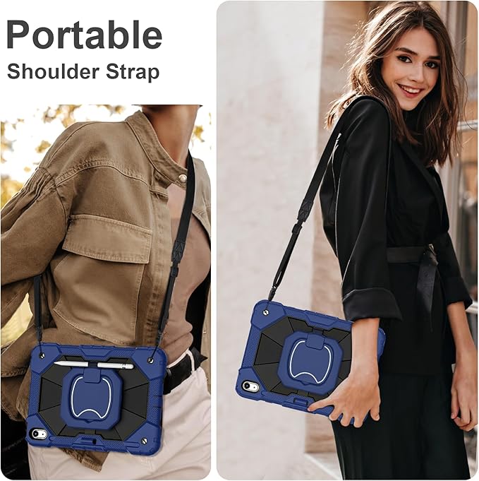 Case for iPad (A16) 11th Generation 11 Inch (2025) / iPad 10th Generation Case 10.9 Inch (2022) with 360° Rotating Stand Screen Protector Pen Holder Shoulder Strap, Navy Black